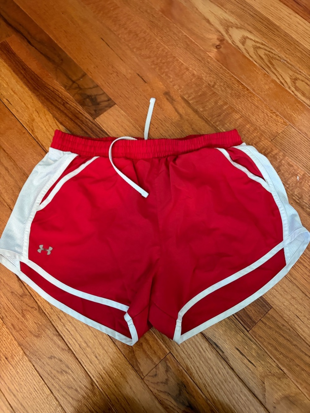 Under Armour Women's Red Athletic Shorts with White Accents